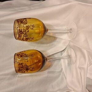CECH  Amber Glass stemware gold design 2pc 9in tall excellent condition